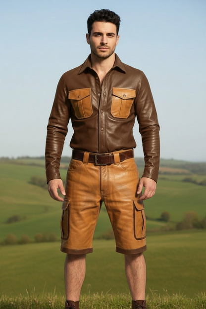 Men's Real Vintage Lamb Leather Cargo Shorts & Long Sleeves Shirt Contrast Trims