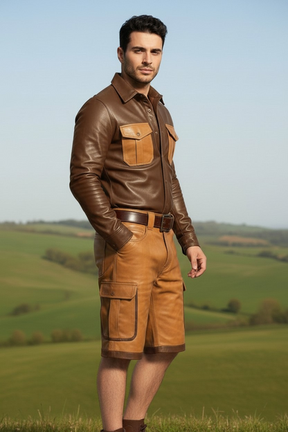 Men's Real Vintage Lamb Leather Cargo Shorts & Long Sleeves Shirt Contrast Trims
