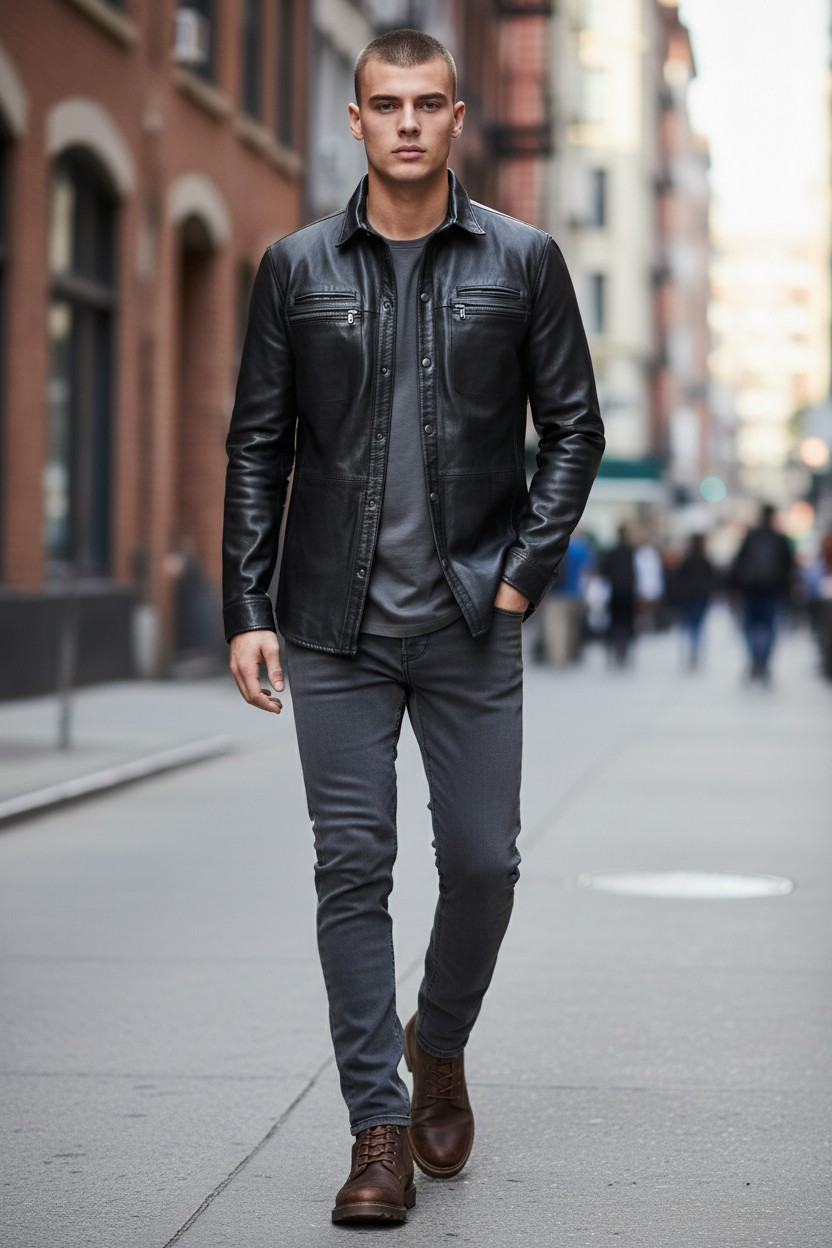 Men's Real Lamb Leather Shirt Soft Leather Shirt