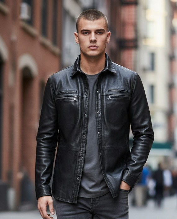 Men's Real Lamb Leather Shirt Soft Leather Shirt
