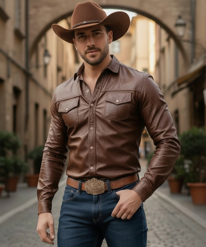 Men's Real Lamb Brown Leather Full Sleeves Chest Pockets Western Leather Shirt