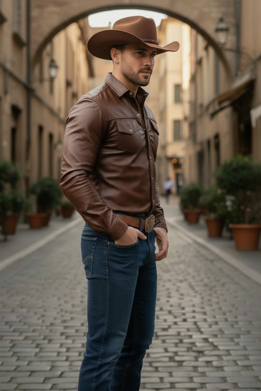 Men's Real Lamb Brown Leather Full Sleeves Chest Pockets Western Leather Shirt