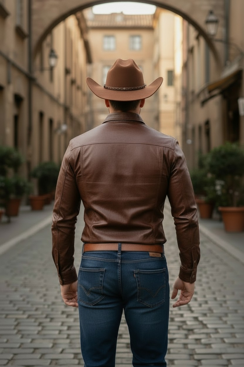 Men's Real Lamb Brown Leather Full Sleeves Chest Pockets Western Leather Shirt