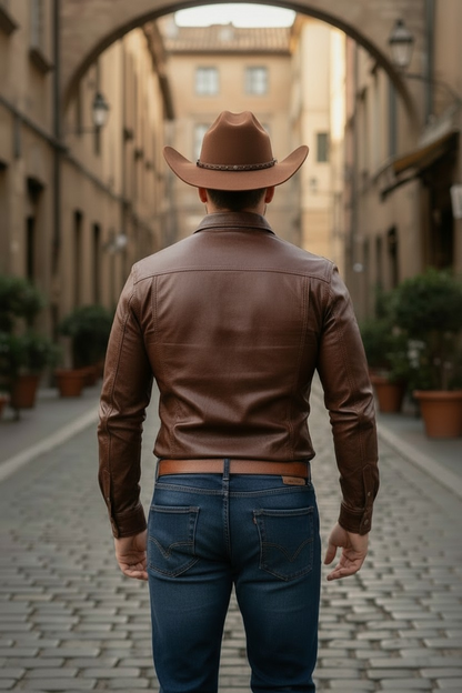 Men's Real Lamb Brown Leather Full Sleeves Chest Pockets Western Leather Shirt