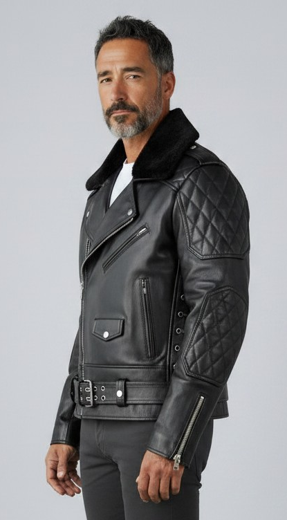 REAL NATURAL COW LEATHER BIKERS QUILTED BACK PANEL & REMOVABLE FUR COLLAR JACKET
