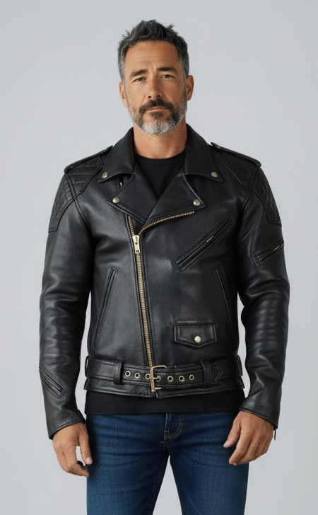 Men’s Real Leather Quilted Panels Bikers Jacket Cowhide Leather Bikers Jacket