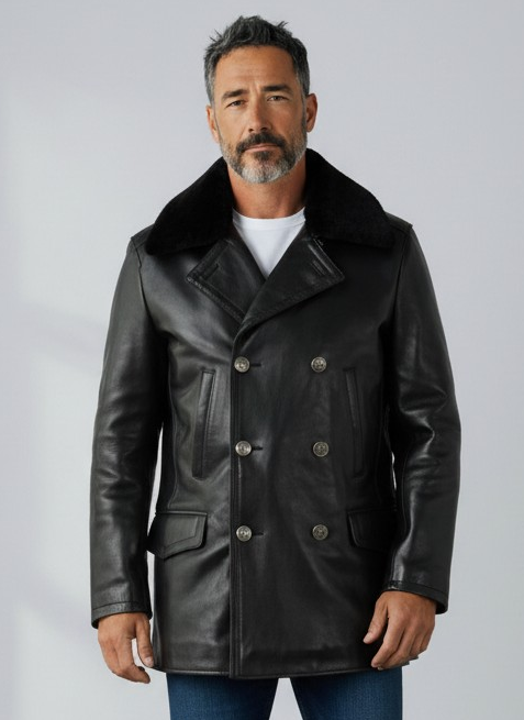 Men's Classic Leather Pea Coat Fur Collared Long Jacket