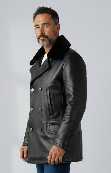 Men's Classic Leather Pea Coat Fur Collared Long Jacket