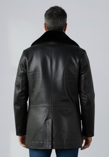 Men's Classic Leather Pea Coat Fur Collared Long Jacket