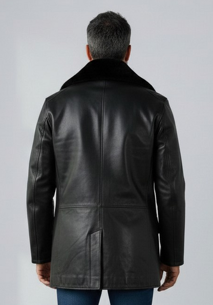 Men's Classic Leather Pea Coat Fur Collared Long Jacket