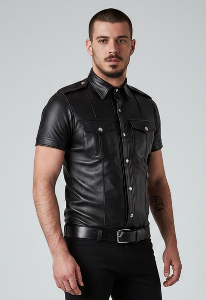Men’s Real Lamb Leather Police Uniform Shirt Sexy Short Sleeve Leather Shirt
