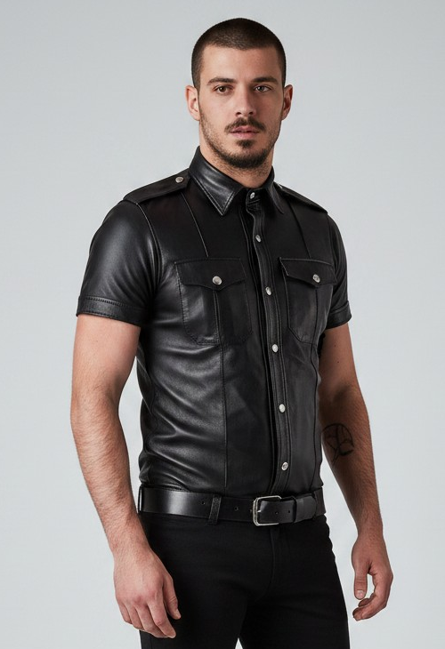 Men’s Real Lamb Leather Police Uniform Shirt Sexy Short Sleeve Leather Shirt