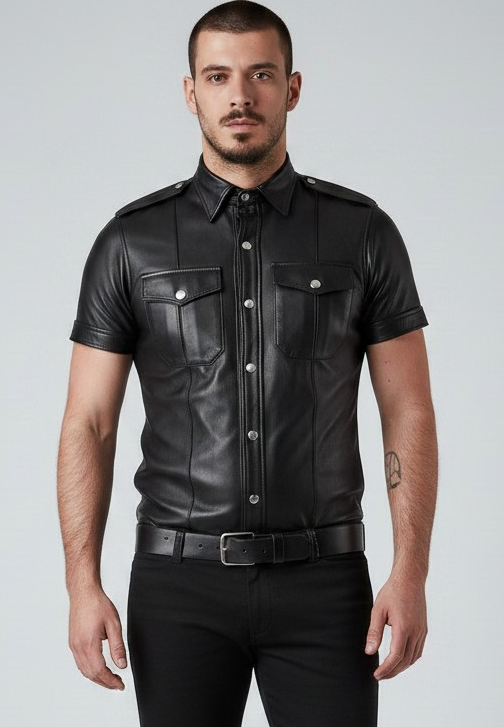 Men’s Real Lamb Leather Police Uniform Shirt Sexy Short Sleeve Leather Shirt