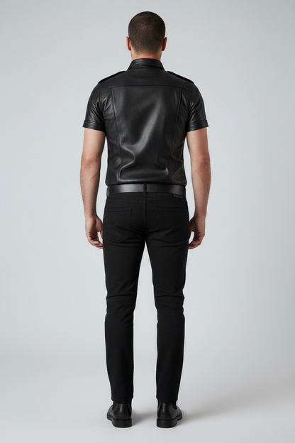 Men’s Real Lamb Leather Police Uniform Shirt Sexy Short Sleeve Leather Shirt