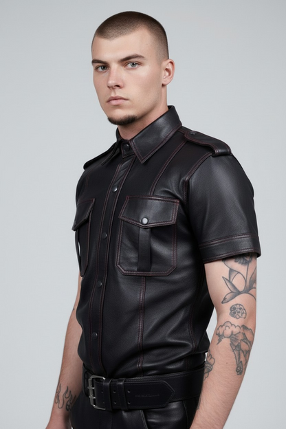 MEN'S REAL LAMB LEATHER SHORT SLEEVES SHIRT CONTRAST STITCHING