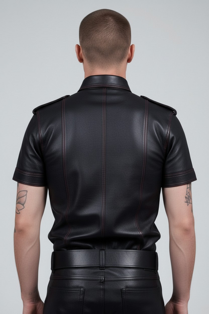 MEN'S REAL LAMB LEATHER SHORT SLEEVES SHIRT CONTRAST STITCHING