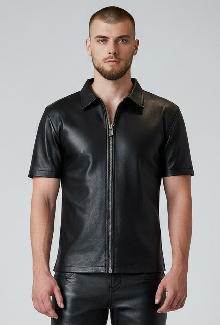MEN'S REAL LEATHER SHORT SLEEVES ZIP UP SHIRT