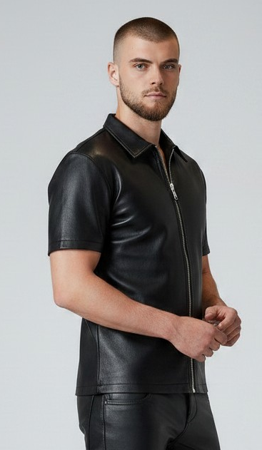 MEN'S REAL LEATHER SHORT SLEEVES ZIP UP SHIRT