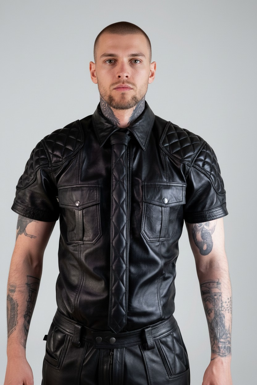 Men's Real Lamb Leather Shirt & Tie Quilted Panels Short Sleeve Police / Bluf Shirt & Quilted Tie