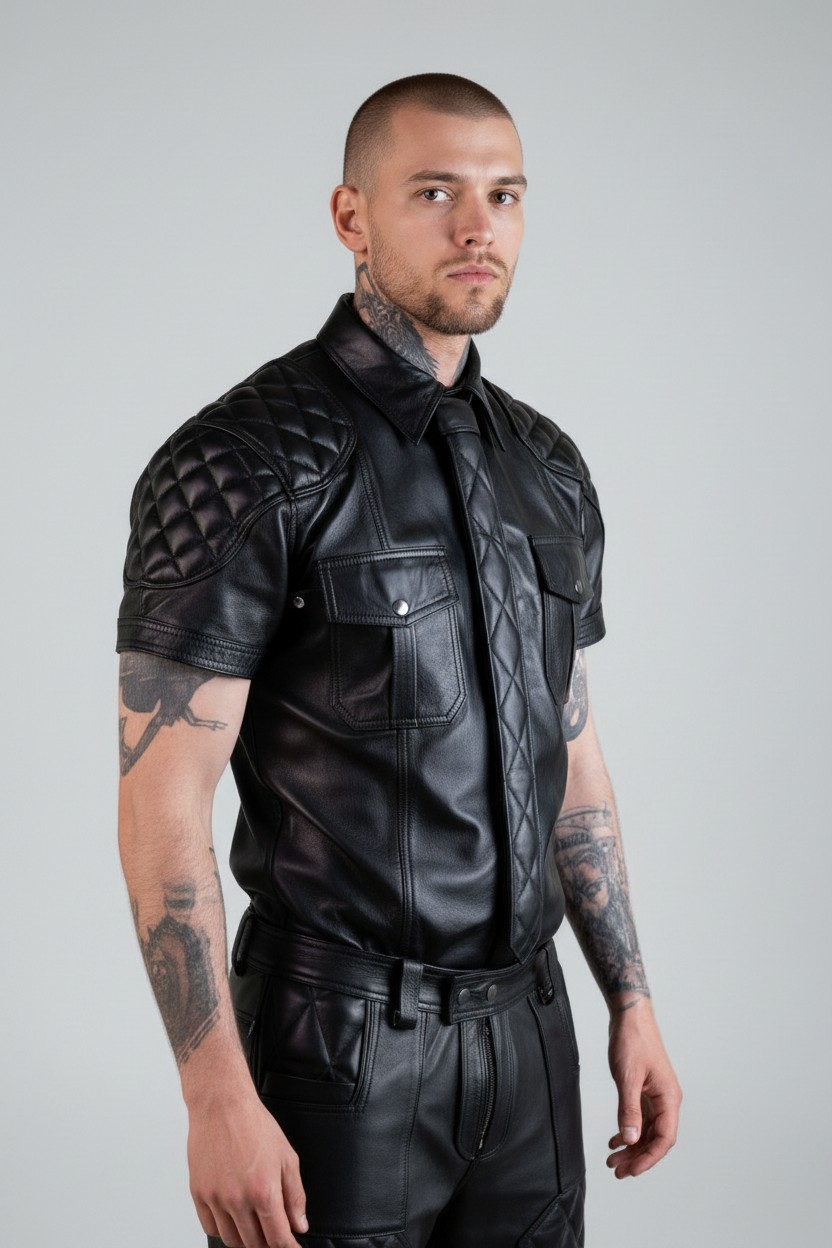 Men's Real Lamb Leather Shirt & Tie Quilted Panels Short Sleeve Police / Bluf Shirt & Quilted Tie