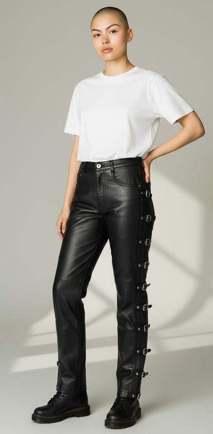 Women Real Lamb Leather 5 Pockets Levi's Style Slim Fit Pants With Side Buckles