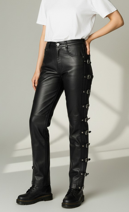 Women Real Lamb Leather 5 Pockets Levi's Style Slim Fit Pants With Side Buckles
