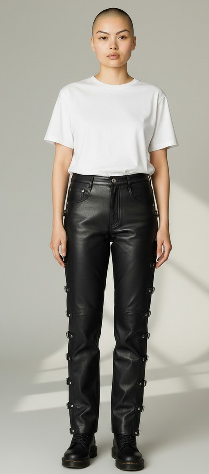 Women Real Lamb Leather 5 Pockets Levi's Style Slim Fit Pants With Side Buckles