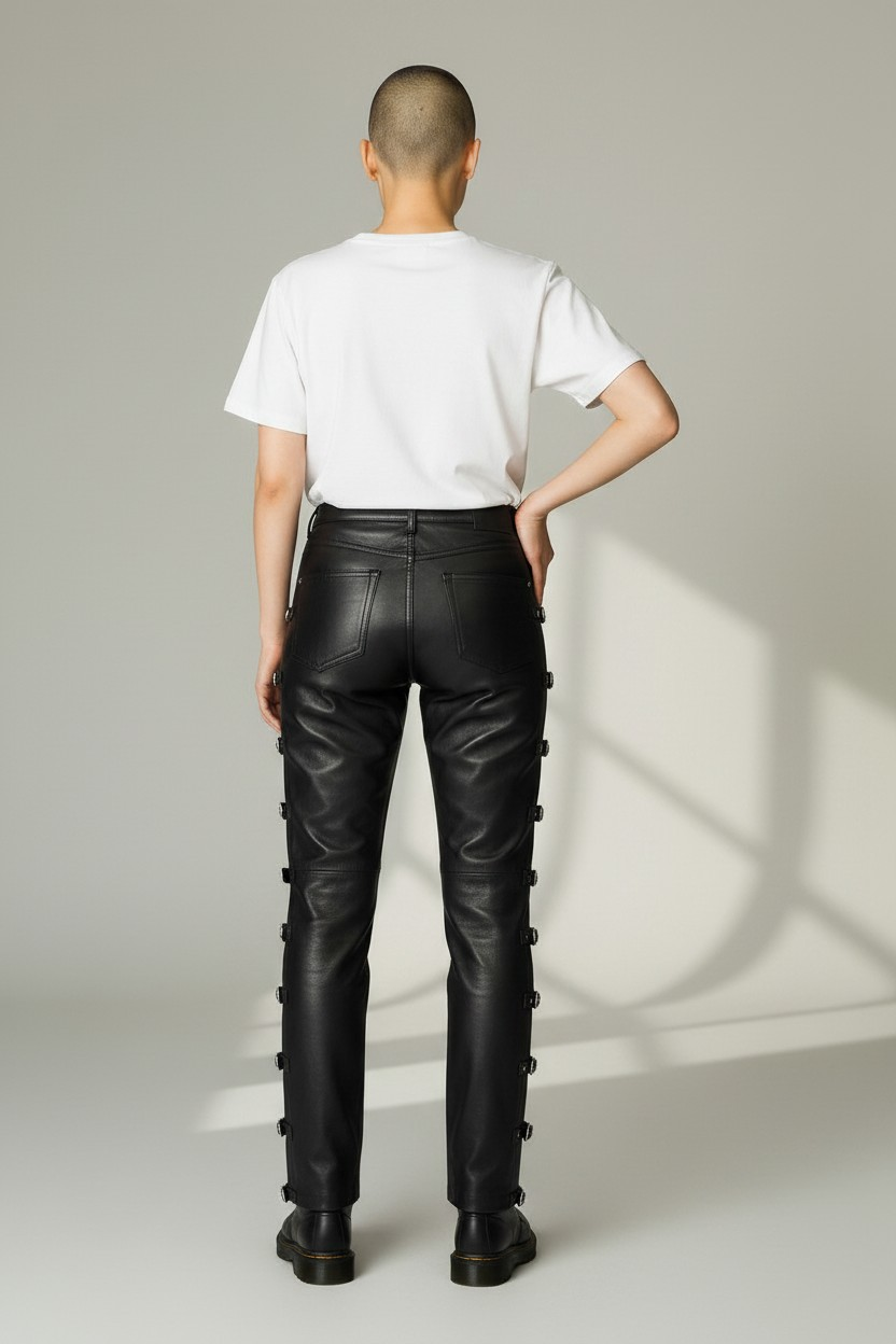 Women Real Lamb Leather 5 Pockets Levi's Style Slim Fit Pants With Side Buckles