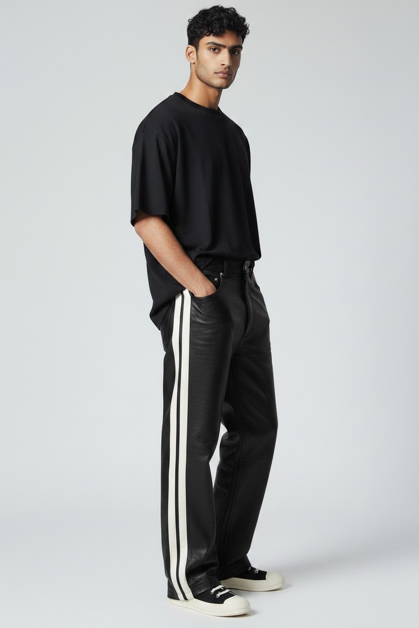 Men’s Real Cowhide Leather Relaxed/Baggy Fit 5 Pockets Pants with Side Stripes