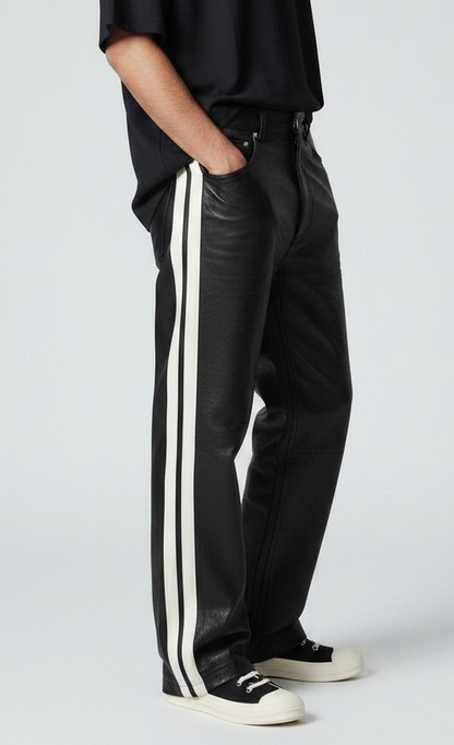 Men’s Real Cowhide Leather Relaxed/Baggy Fit 5 Pockets Pants with Side Stripes