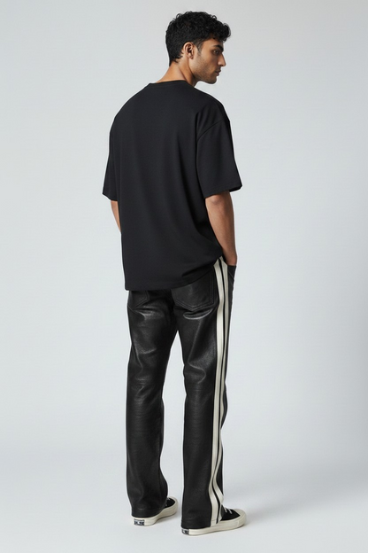 Men’s Real Cowhide Leather Relaxed/Baggy Fit 5 Pockets Pants with Side Stripes
