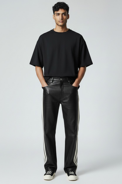 Men’s Real Cowhide Leather Relaxed/Baggy Fit 5 Pockets Pants with Side Stripes