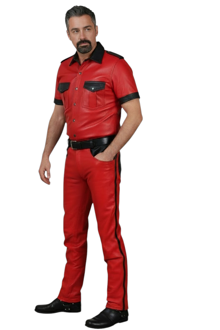 Men's Real Leather 501 Pants & Police Style Short Sleeves Shirt