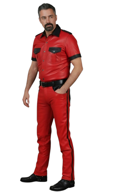 Men's Real Leather 501 Pants & Police Style Short Sleeves Shirt