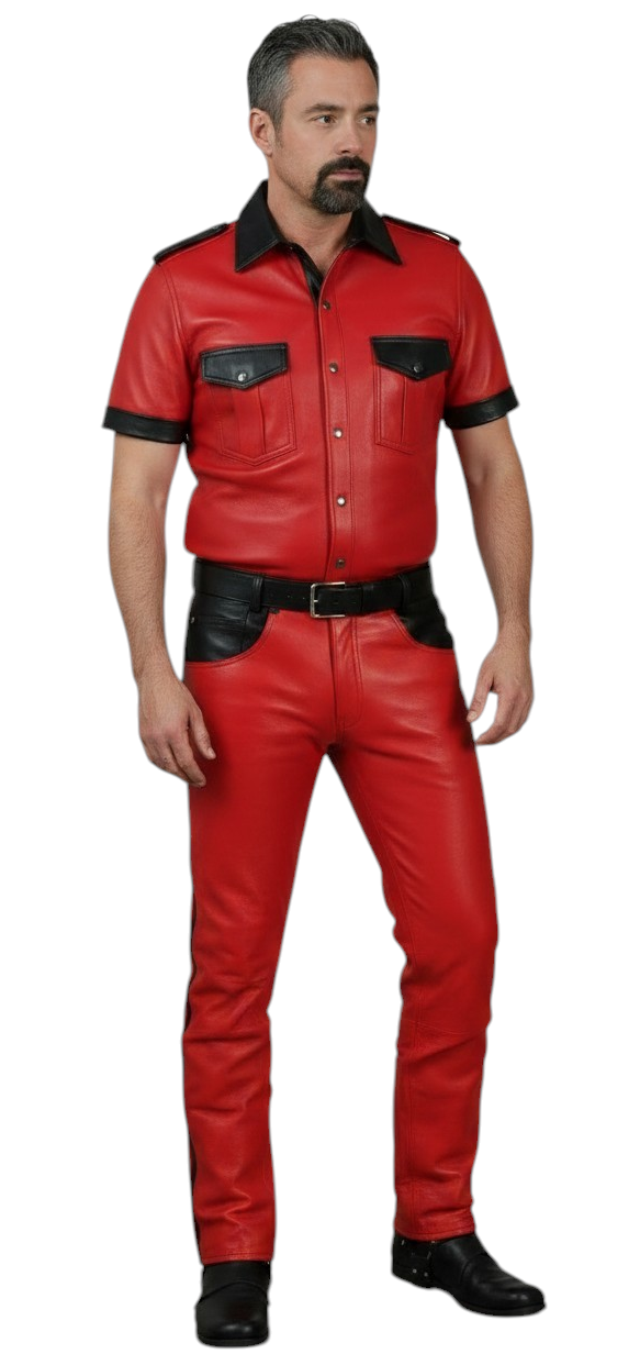 Men's Real Leather 501 Pants & Police Style Short Sleeves Shirt