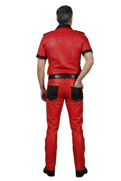 Men's Real Leather 501 Pants & Police Style Short Sleeves Shirt