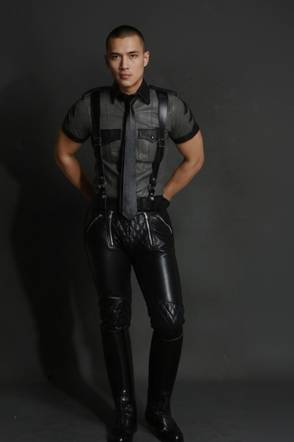 Men's Real Leather Quilted Carpenter Pants Grey & Black Leather Police Shirt