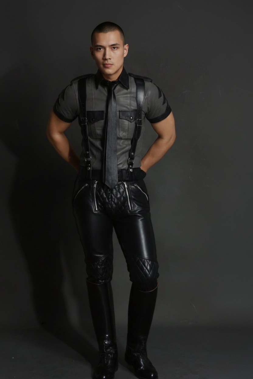 Men's Real Leather Quilted Carpenter Pants Grey & Black Leather Police Shirt