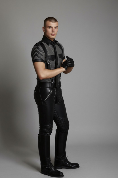 Men's Real Leather Quilted Carpenter Pants Grey & Black Leather Police Shirt
