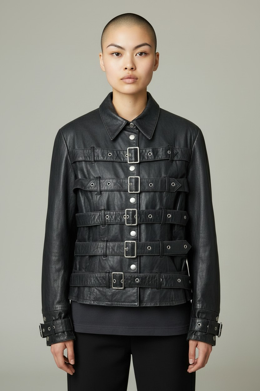 Women's Genuine Lamb Leather Multi-Buckle Fashion Jacket Biker/gothic/Punk Jacket