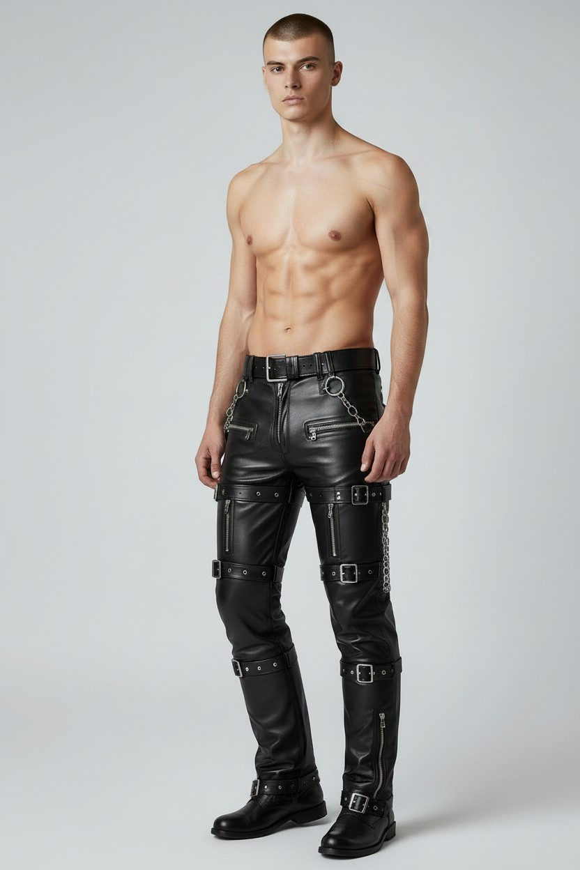 Men's Real Cowhide Pants Steampunk/Gothic Multi Pockets & Belts