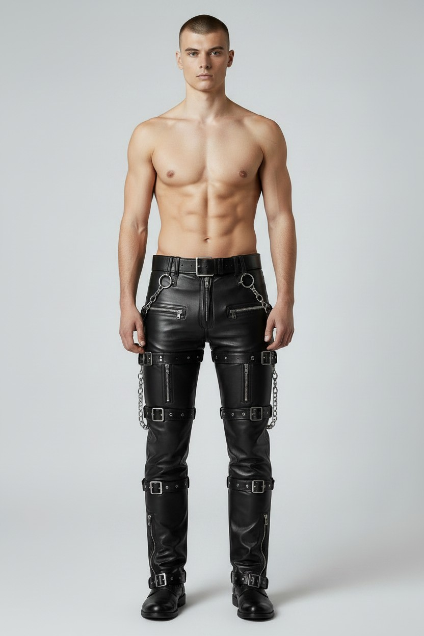 Men's Real Cowhide Pants Steampunk/Gothic Multi Pockets & Belts