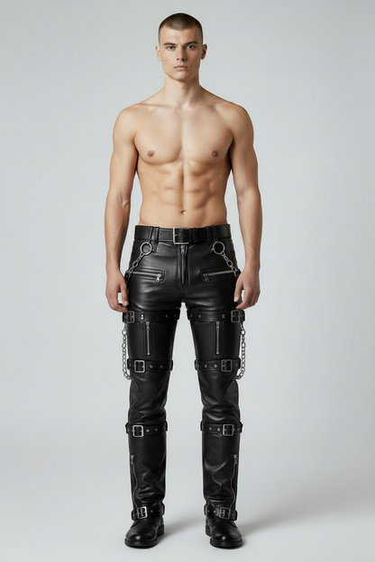 Men's Real Cowhide Pants Steampunk/Gothic Multi Pockets & Belts