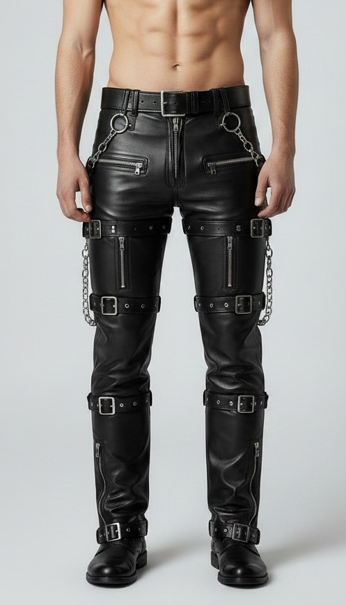 Men's Real Cowhide Pants Steampunk/Gothic Multi Pockets & Belts