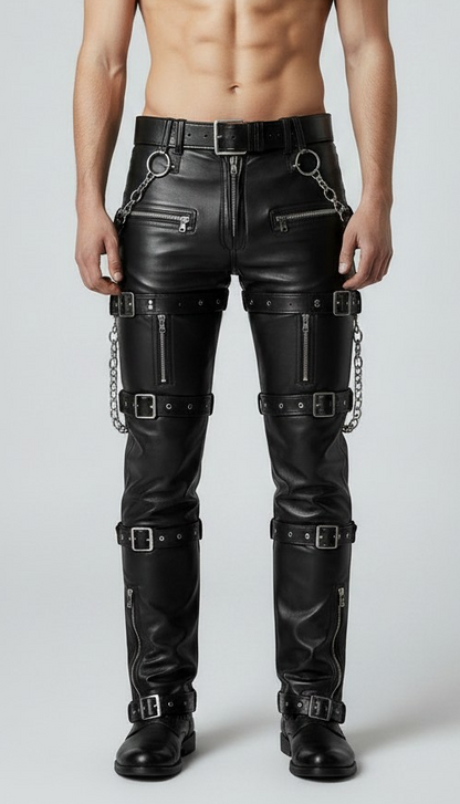 Men's Real Cowhide Pants Steampunk/Gothic Multi Pockets & Belts
