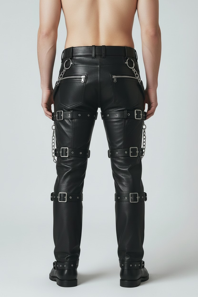 Men's Real Cowhide Pants Steampunk/Gothic Multi Pockets & Belts