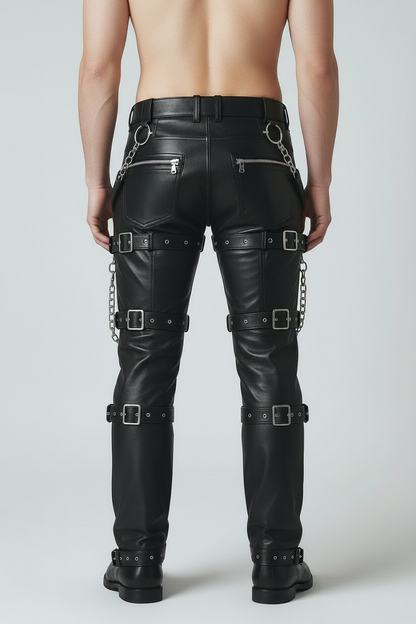Men's Real Cowhide Pants Steampunk/Gothic Multi Pockets & Belts