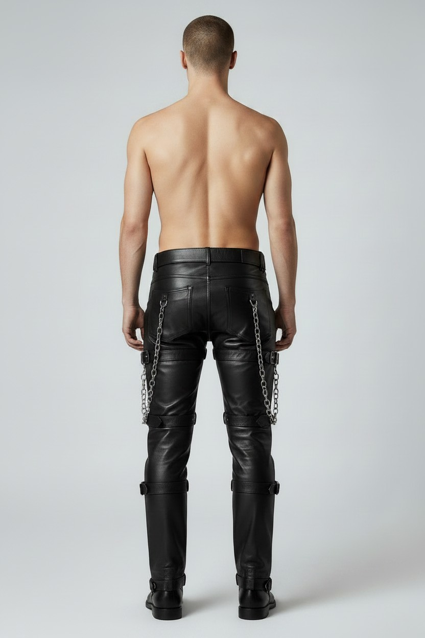 Men's Real Cowhide Pants Steampunk/Gothic Multi Pockets & Belts
