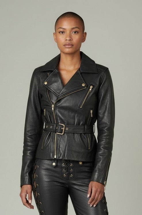 Women's Real Lamb Leather Bikers Jacket Leather Biker Jacket With Front & Back Zips
