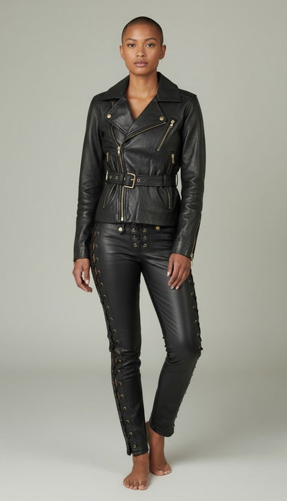 Women Real Lamb Leather Side Laces Up Slim Fit Pants